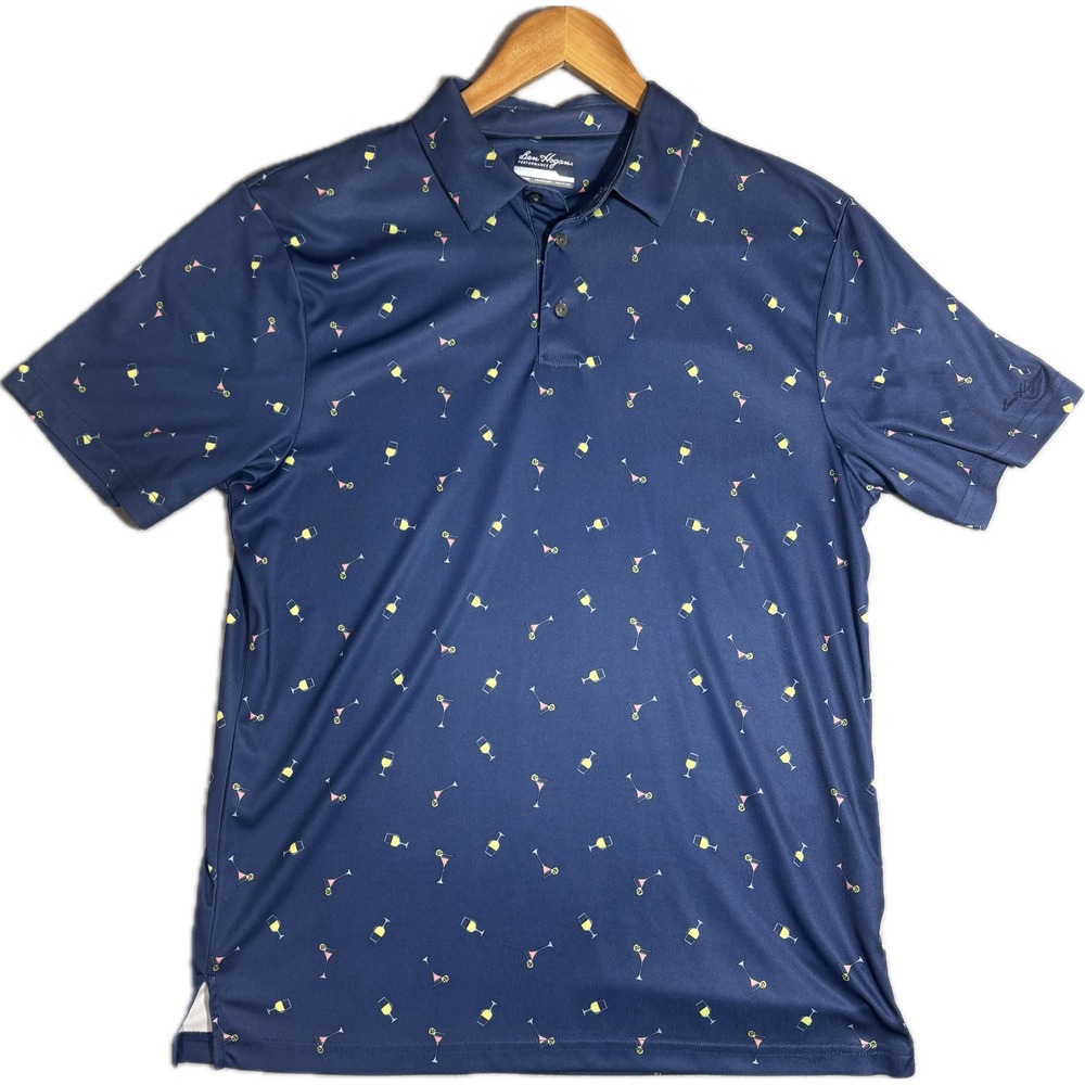 Ben Hogan Performance Mens Large Navy Cocktail Glass Print Golf‎ Polo Shirt L